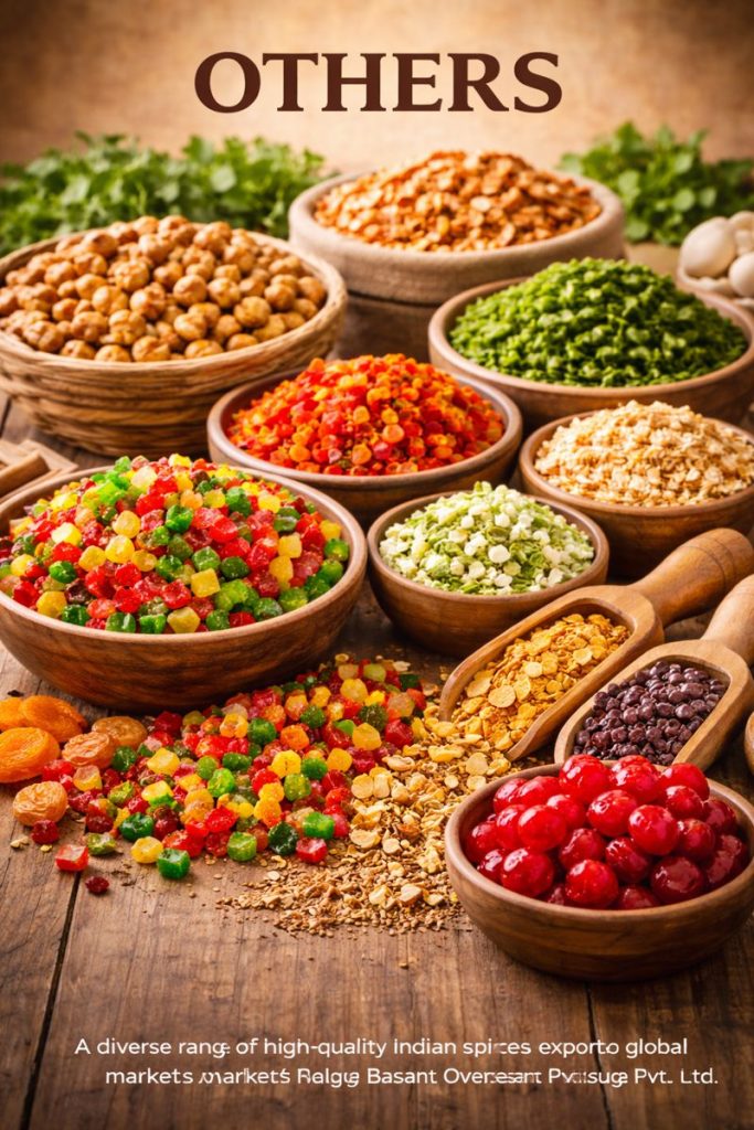 Export-quality specialty foods including cherries, tutti frutti, roasted gram with skin, and dehydrated vegetables