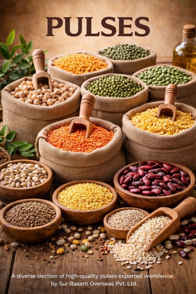 Premium export-quality pulses including lentils, chickpeas, peas and beans sourced from India