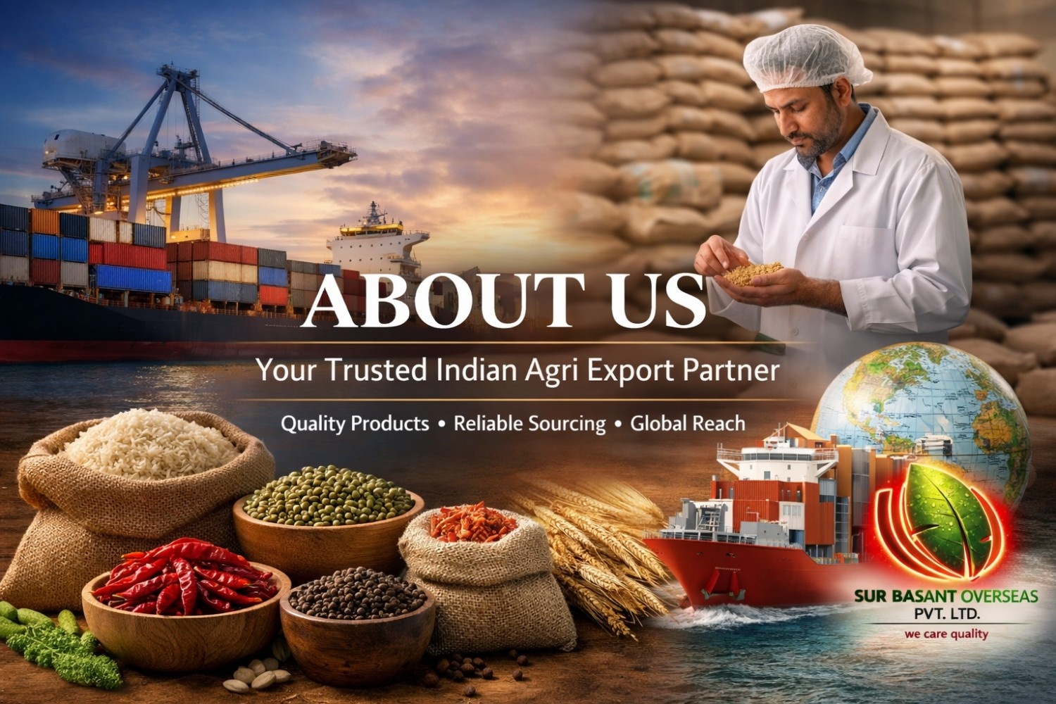 Sur Basant Overseas Pvt. Ltd. – Indian agri exporter showcasing quality grains, pulses, spices, oilseeds, raisins, dehydrated vegetables and global shipping operations